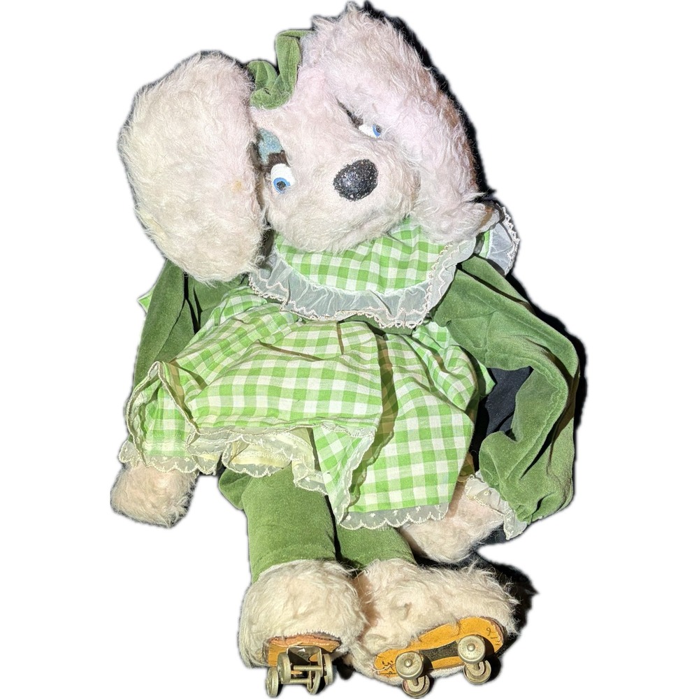 Vintage 60s Pink Bunny Rabbit Roller Skating Kitsch Green Gingham 21in Doll